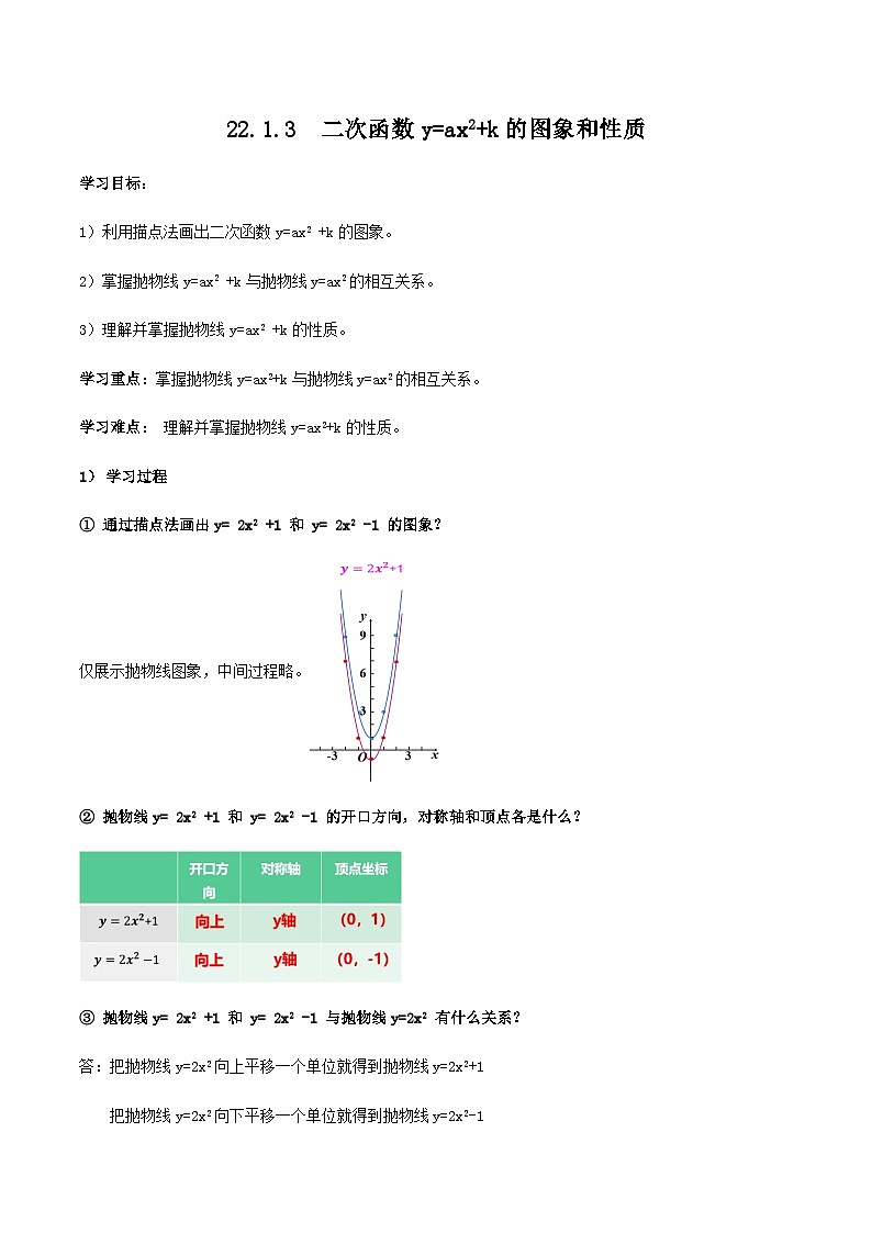 人教版初中数学九年级上册 《二次函数y=ax^2+k的图象和性质》 课件+教案+导学案+分层作业（含教师学生版和教学反思）01