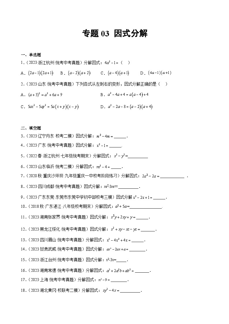 2023年中考数学真题分类汇编——专题03 因式分解（全国通用）01
