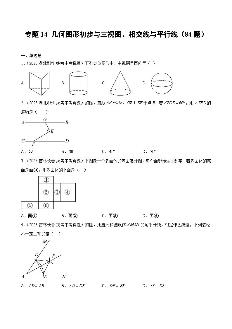 2023年中考数学真题分类汇编——专题14 几何图形初步与三视图、相交线与平行线（全国通用）01