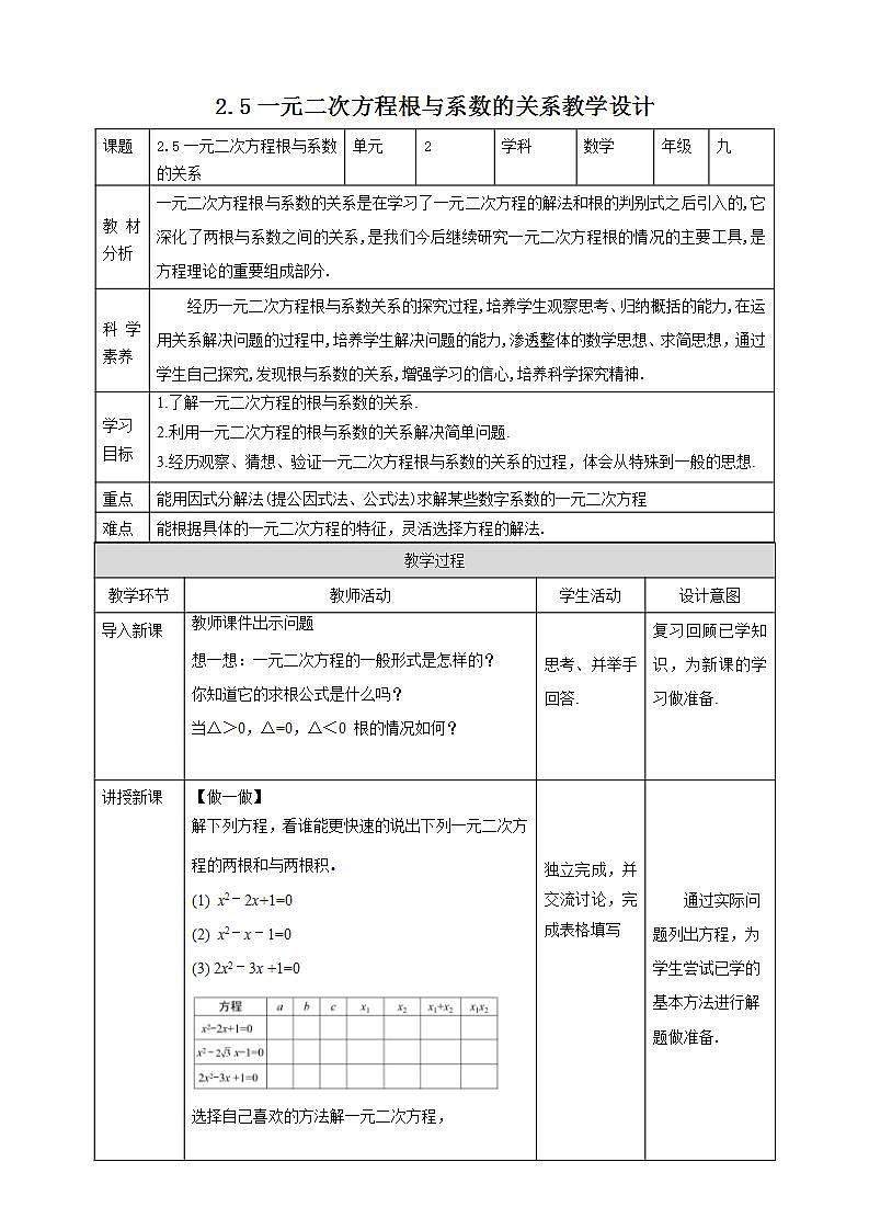 【核心素养目标】2.5《一元二次方程根与系数的关系》课件+教案01