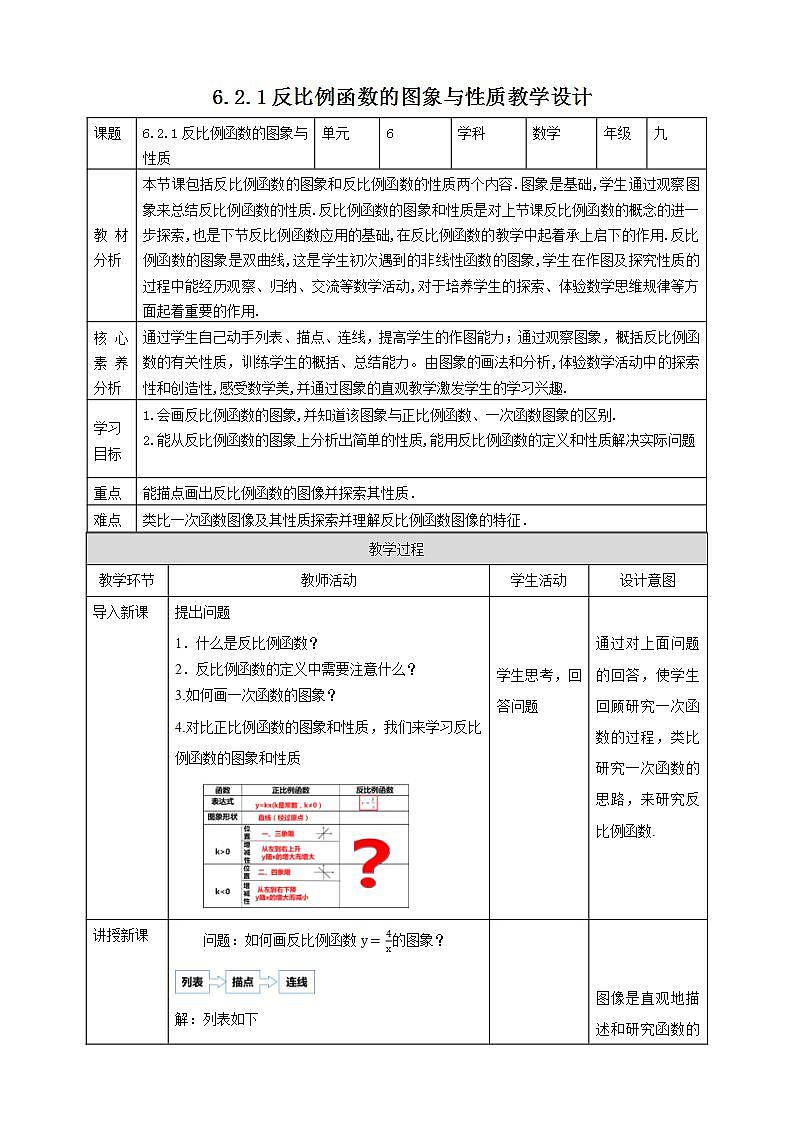 【核心素养目标】6.2.1《反比例函数的图象与性质》课件+教案01