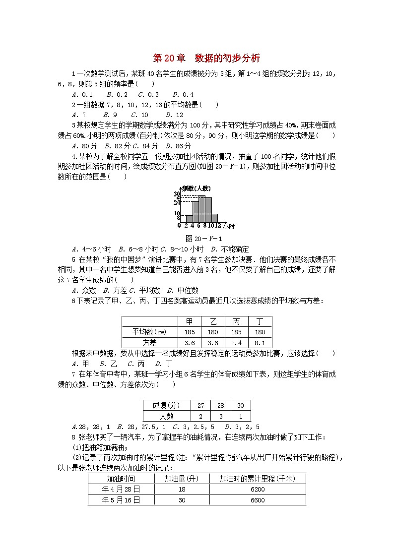 2023八年级数学下册第20章数据的整理与初步处理练习题新版华东师大版第1页
