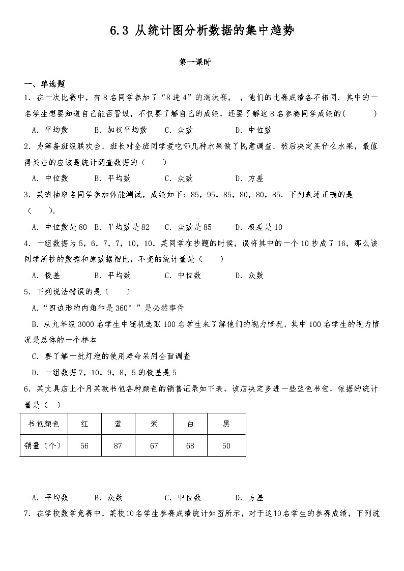 北师大版八年级数学上册 6.3 从统计图分析数据的集中趋势同步练习（2课时）（含答案）第1页