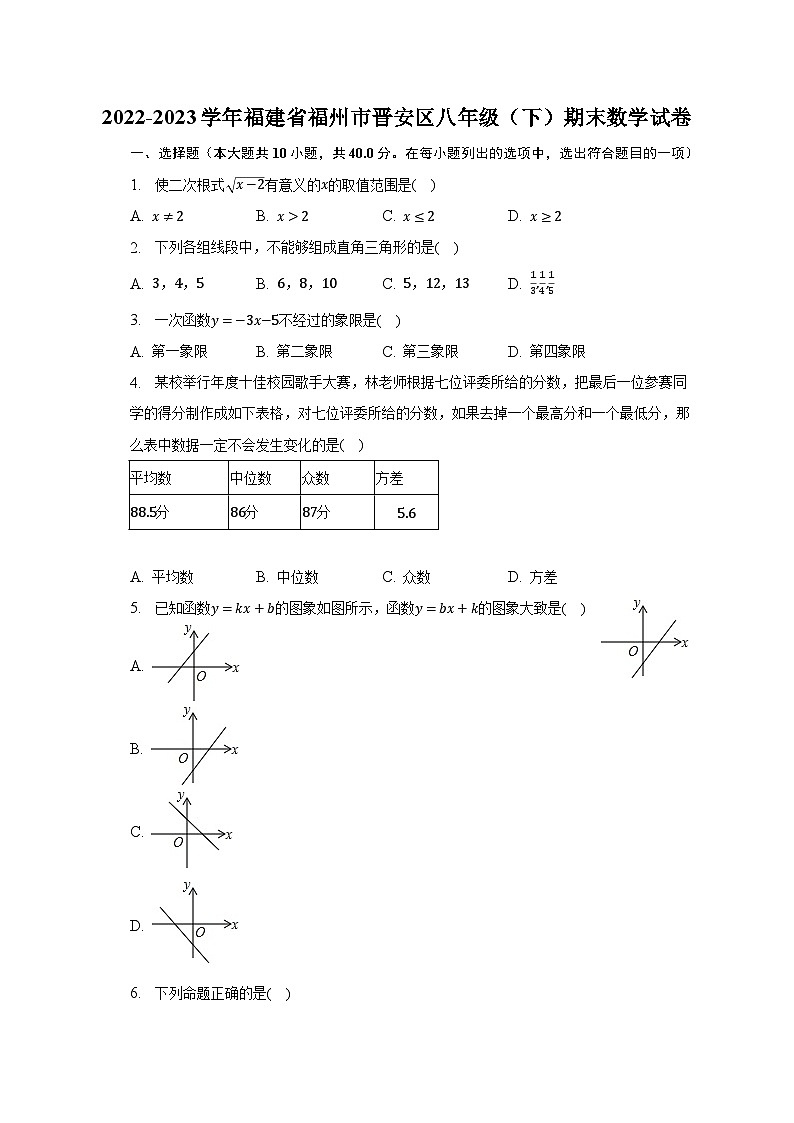 2022-2023学年福建省福州市晋安区八年级（下）期末数学试卷（含解析）第1页