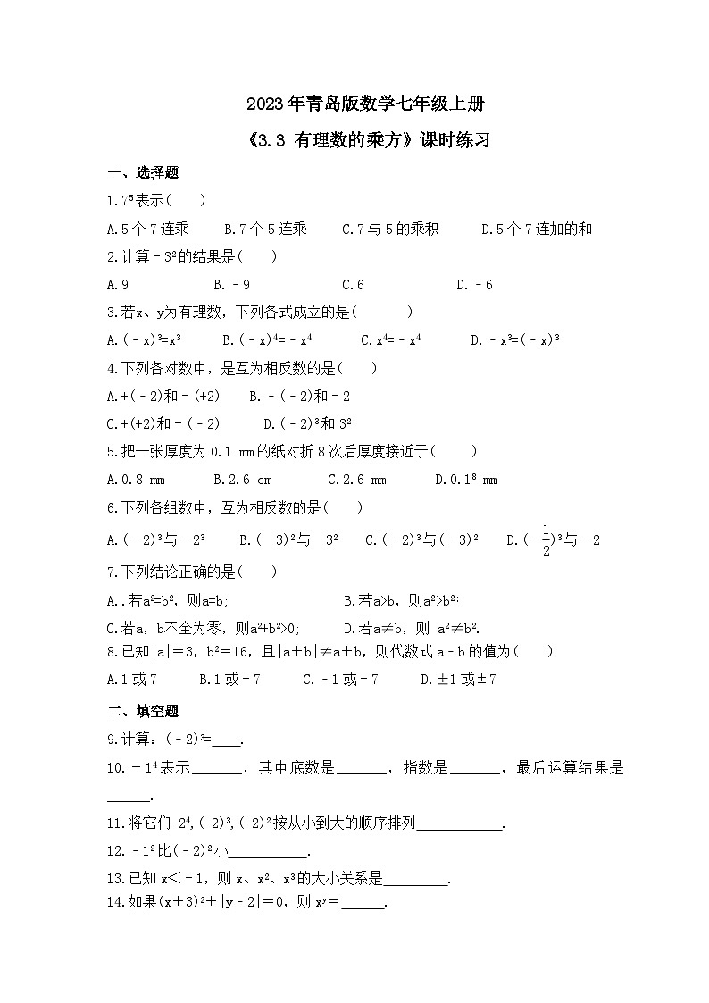 2023年青岛版数学七年级上册《3.3 有理数的乘方》课时练习（含答案）01