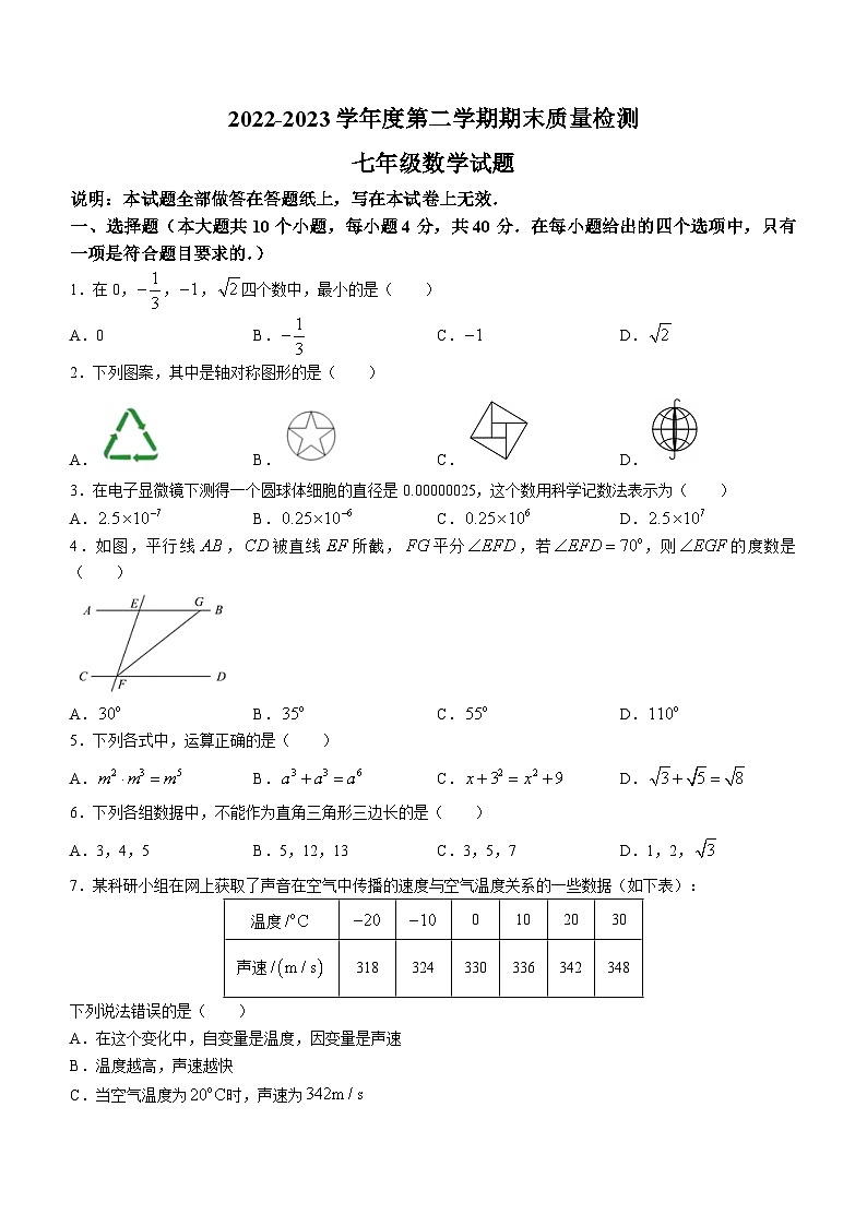 山东省济南市东南片区2022-2023学年七年级下学期期末数学试题（含答案）01