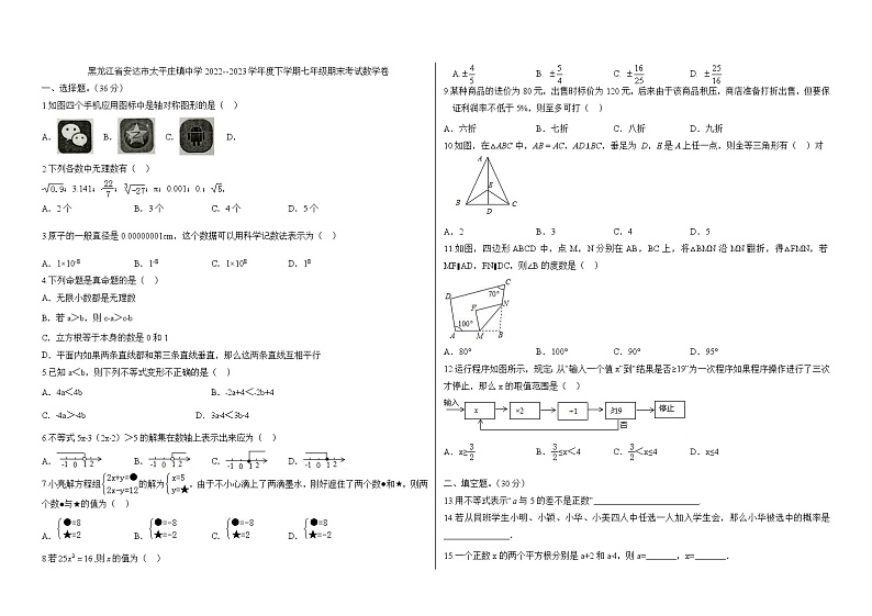 黑龙江省绥化市安达市安达市太平庄镇中学2022-2023学年七年级下学期7月期末数学试题（含答案）01