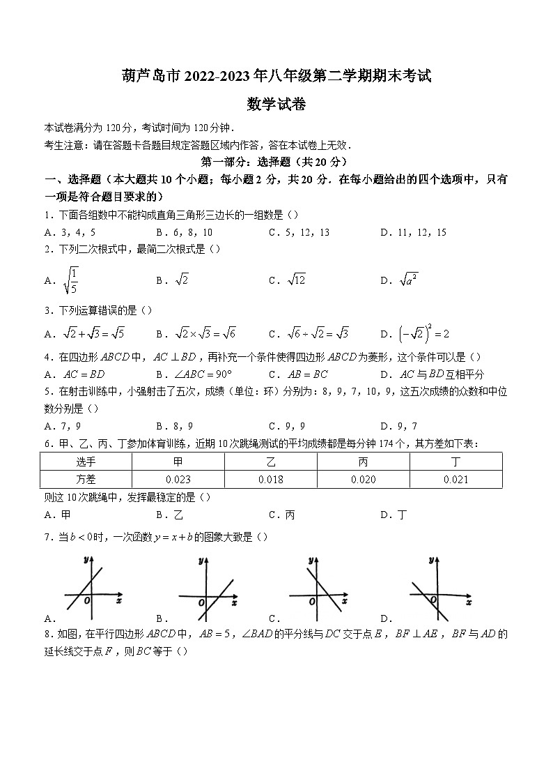 辽宁省葫芦岛市2022-2023学年八年级下学期期末数学试题（含答案）第1页