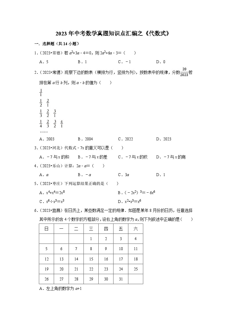 中考数学二轮精品专题复习 代数式01