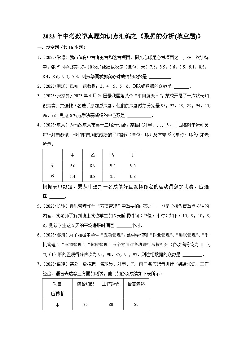 中考数学二轮精品专题复习 数据的分析(填空题)第1页