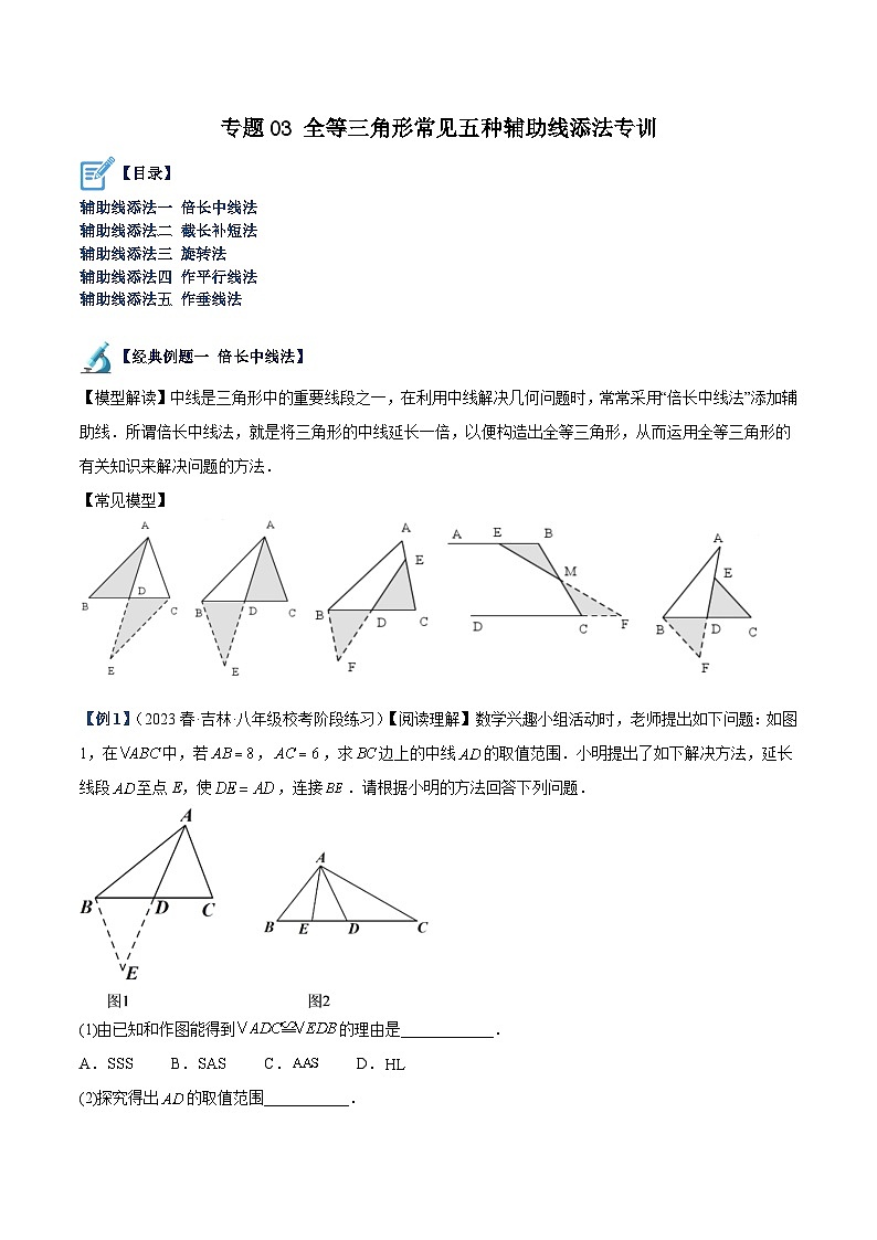 专题03 全等三角形常见五种辅助线添法专训-2023-2024八年级数学上册重难点专题提升精讲精练（苏科版）01
