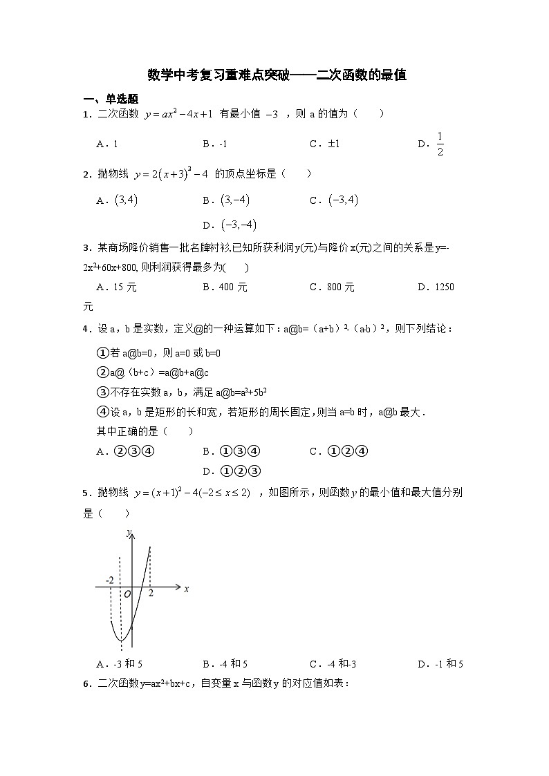 数学中考复习重难点突破——二次函数的最值 试卷01