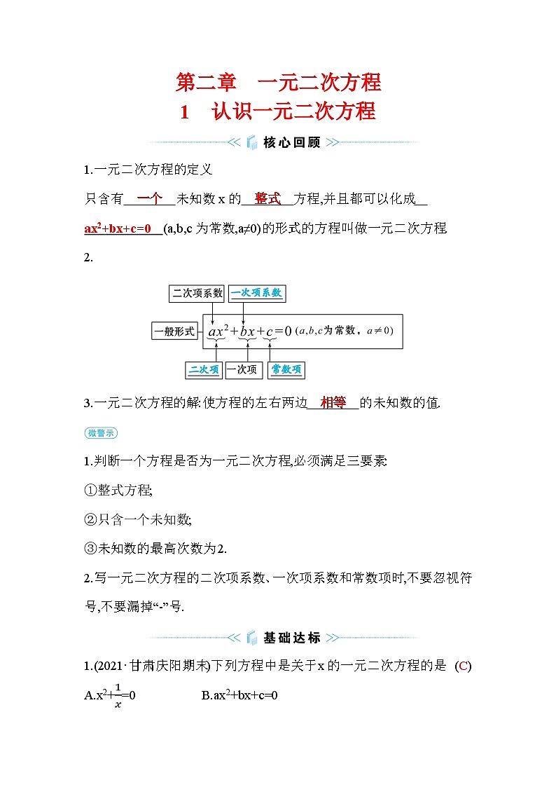 2.1 认识一元二次方程 北师大版九年级数学上册作业(含答案)第1页