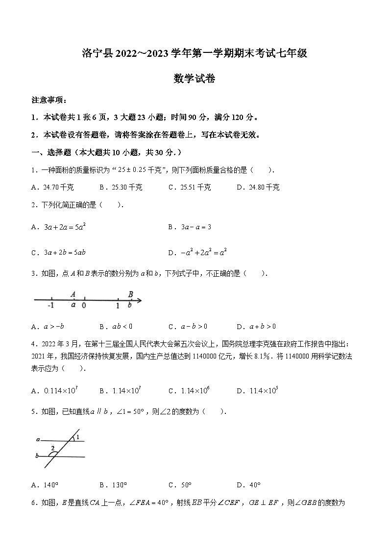 河南省洛阳市洛宁县2022-2023学年七年级上学期期末数学试题（含答案）第1页