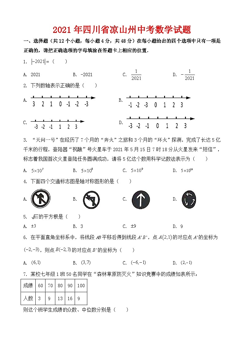 2021年四川省凉山州中考数学试题-(含解析)01