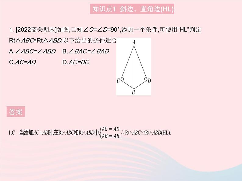 2023八年级数学上册第十二章全等三角形12.2三角形全等的判定课时4直角三角形全等的判定(HL)作业课件新版新人教版第3页