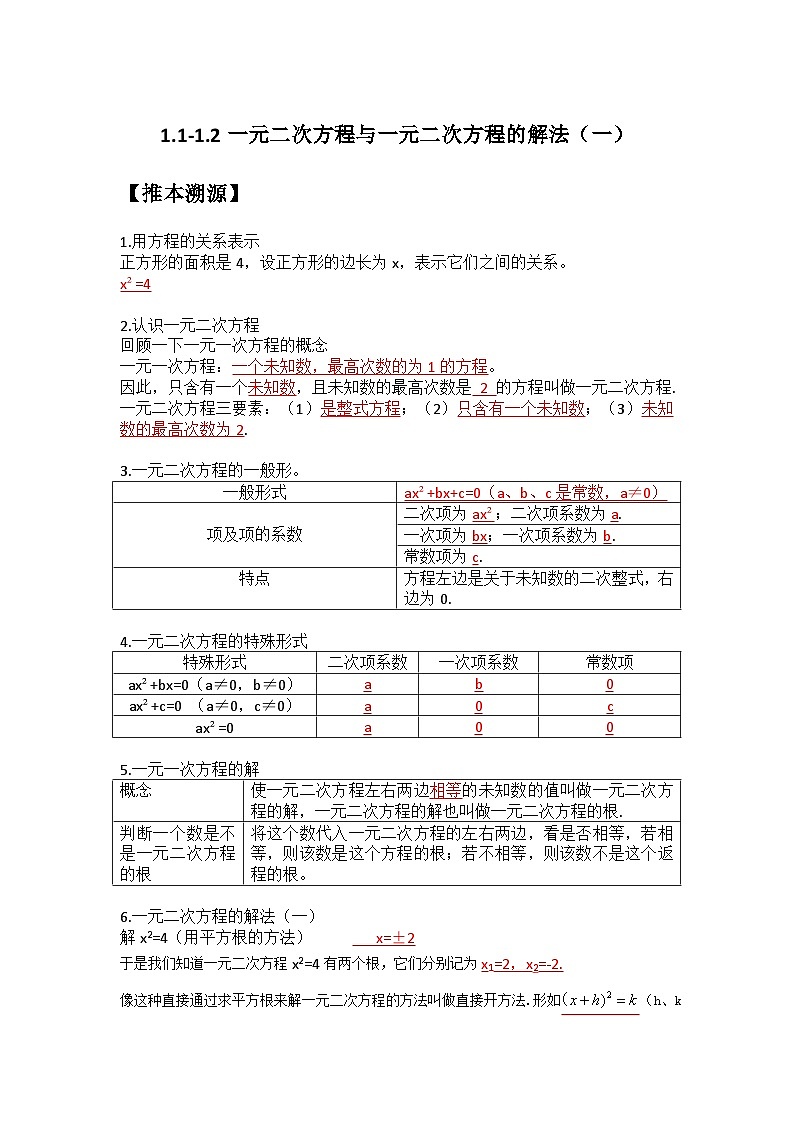 1.1-1.2 一元二次方程与一元二次方程的解法（一）-2023年新九年级数学同步精讲精练（苏科版）01