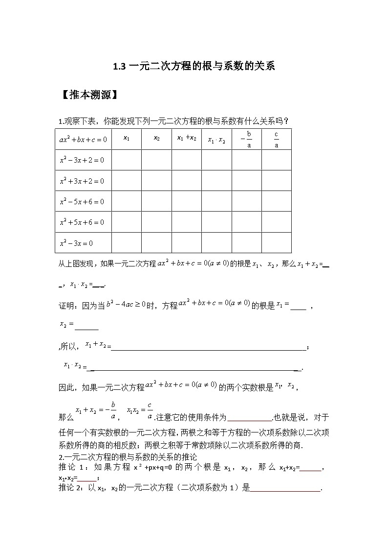 1.3 一元二次方程的根与系数的关系-2023年新九年级数学同步精讲精练（苏科版）01
