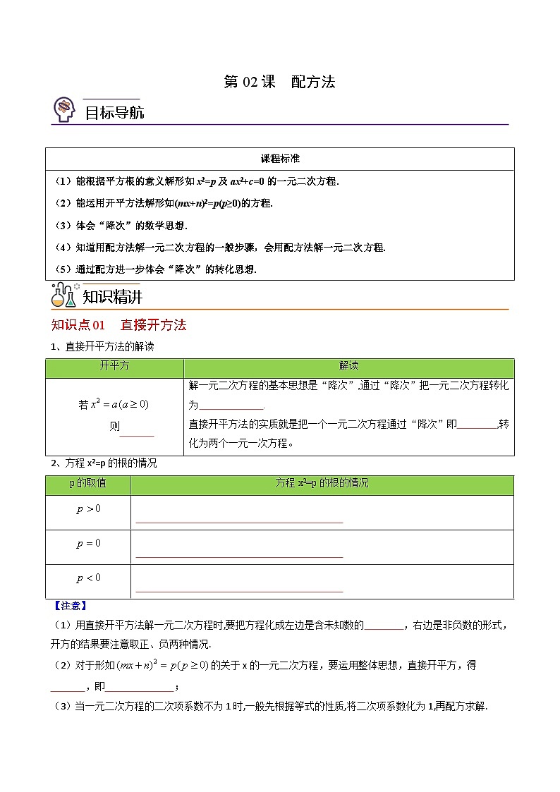 人教版九年级数学上册同步精品讲义 第02课  配方法（2份打包，原卷版+教师版）01