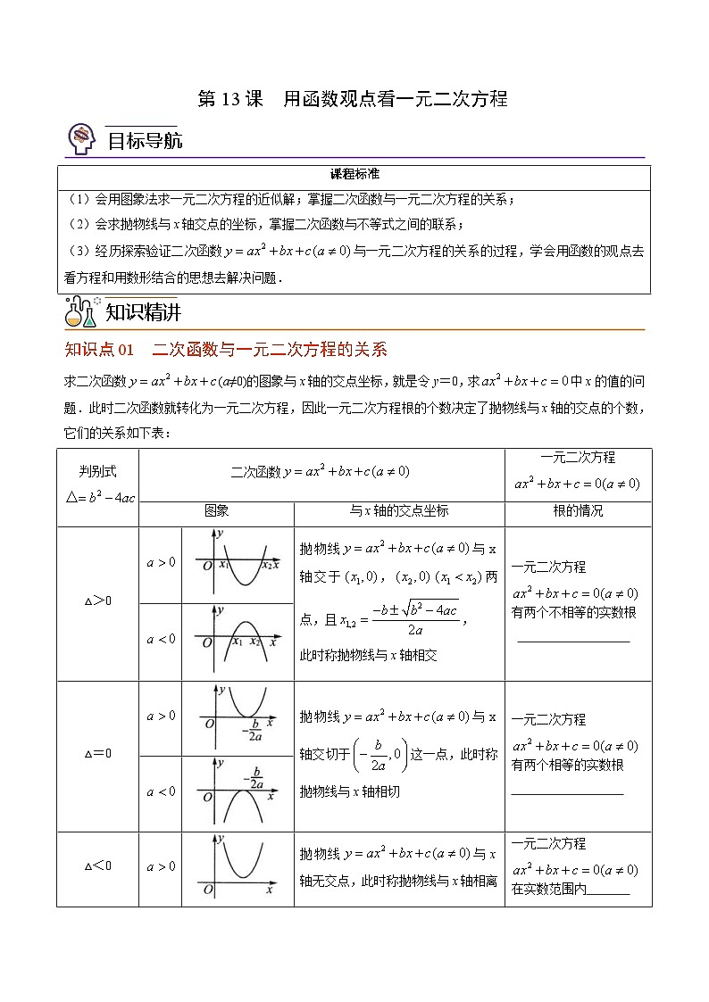 人教版九年级数学上册同步精品讲义 第13课  用函数观点看一元二次方程（2份打包，原卷版+教师版）01