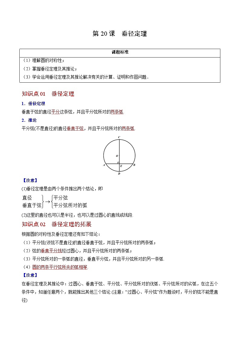 人教版九年级数学上册同步精品讲义 第20课  垂径定理（2份打包，原卷版+教师版）01