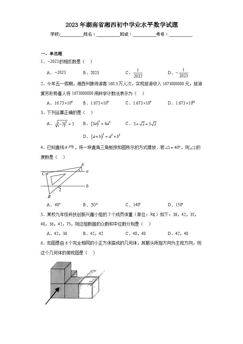 2023年湖南省湘西初中学业水平数学试题（含解析）01