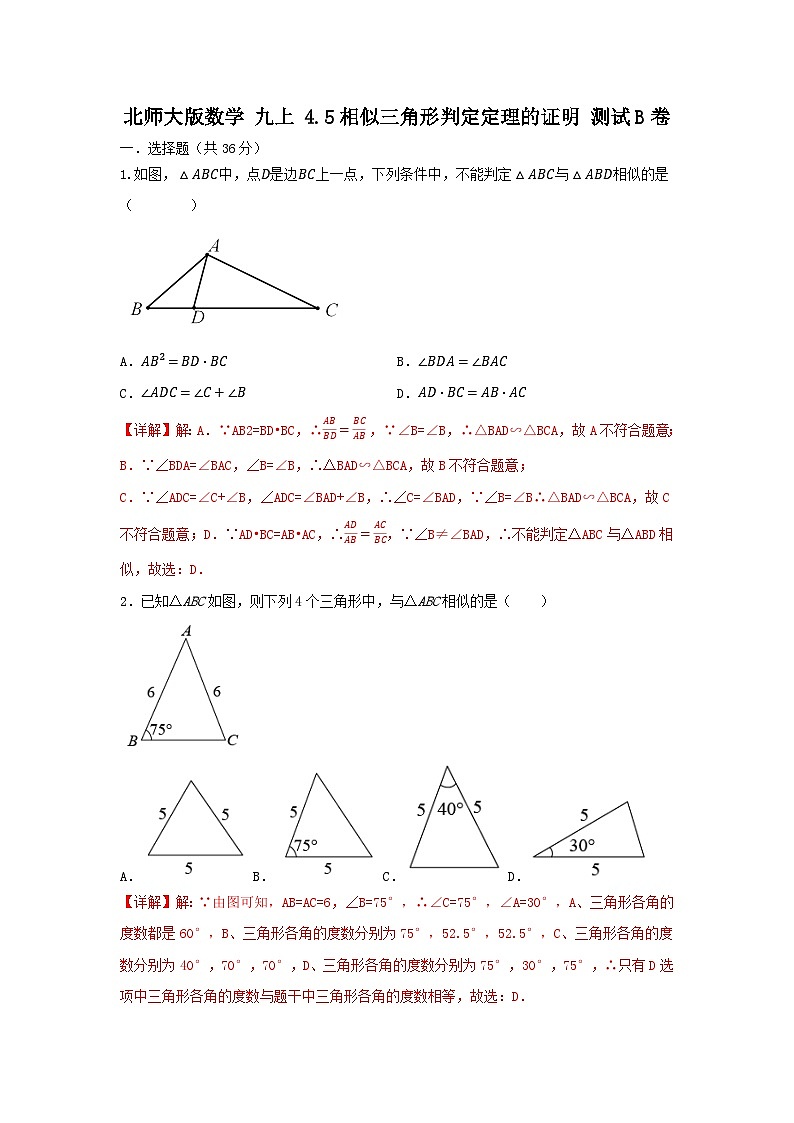 北师大版数学 九上第四章 4.5相似三角形判定定理的证明 测试卷B卷01