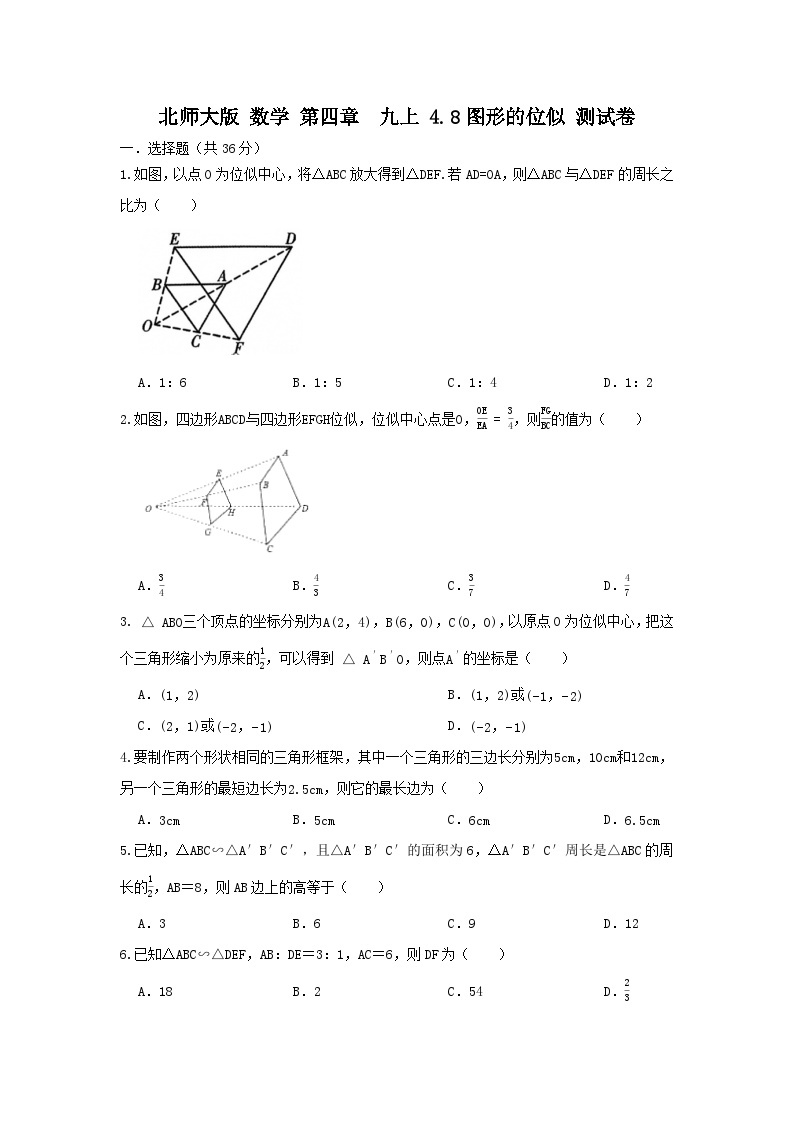 北师大版数学 九上 第四章4.8图形的位似测试卷01