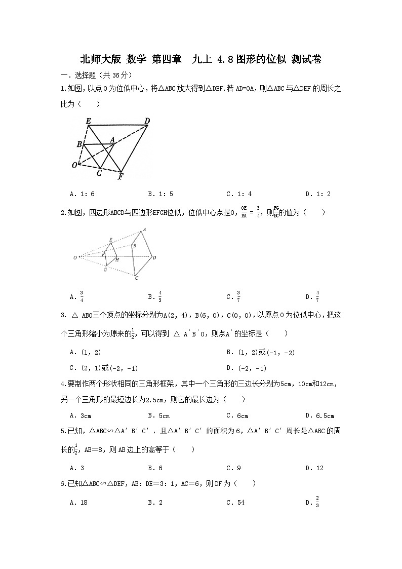 北师大版数学 九上 第四章4.8图形的位似测试卷01