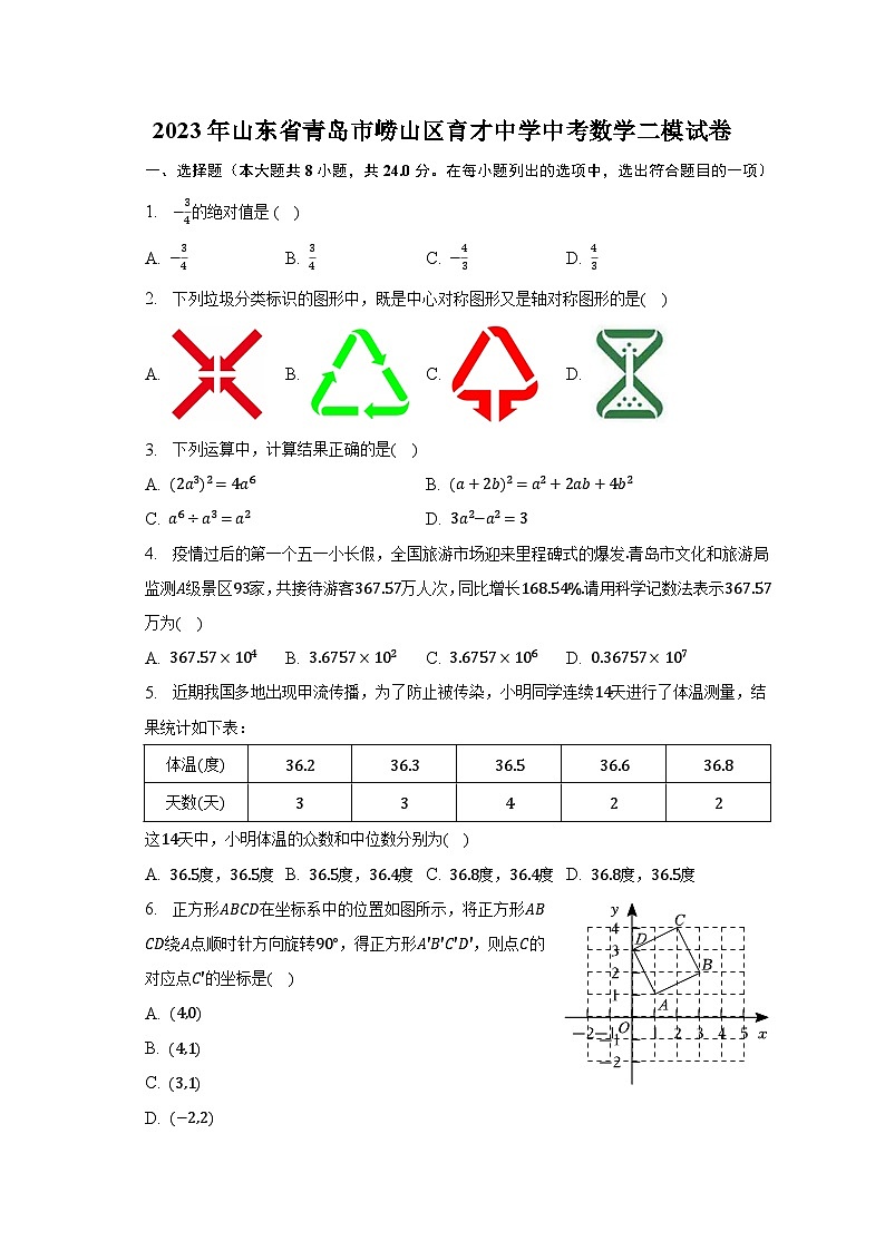 2023年山东省青岛市崂山区育才中学中考数学二模试卷（含解析）第1页