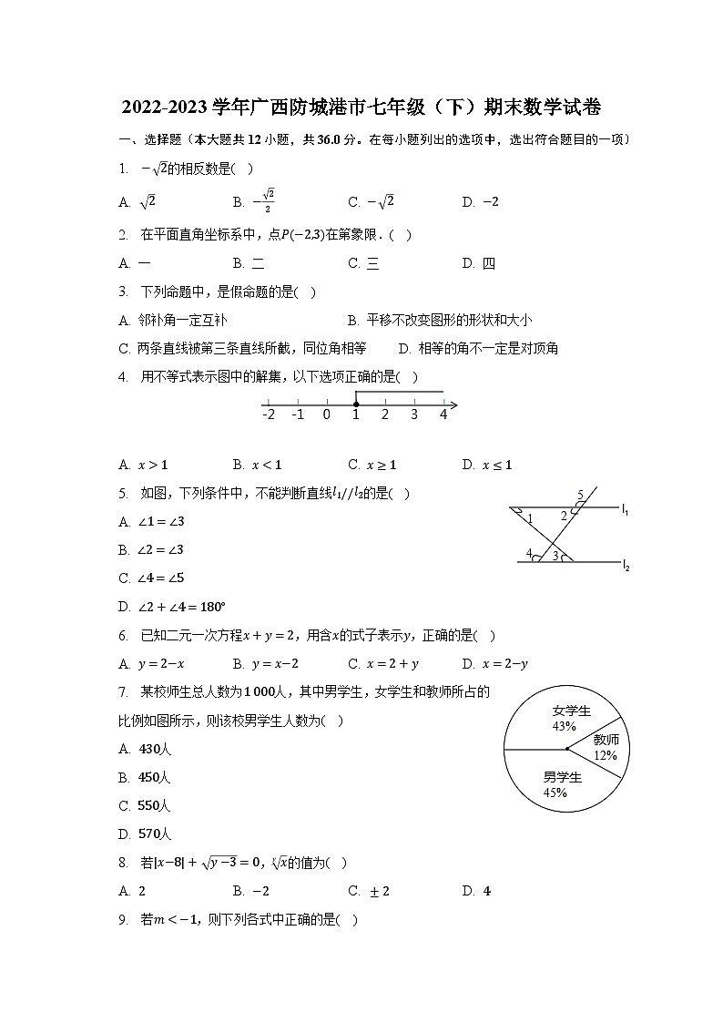 2022-2023学年广西防城港市七年级（下）期末数学试卷（含解析）第1页
