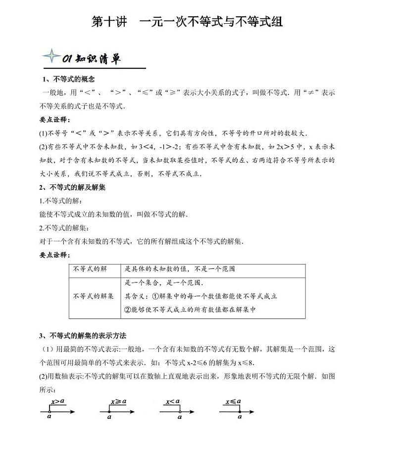 【精品同步练习】寒假七年级数学-第十讲一元一次不等式与不等式组（知识梳理+含答案）01