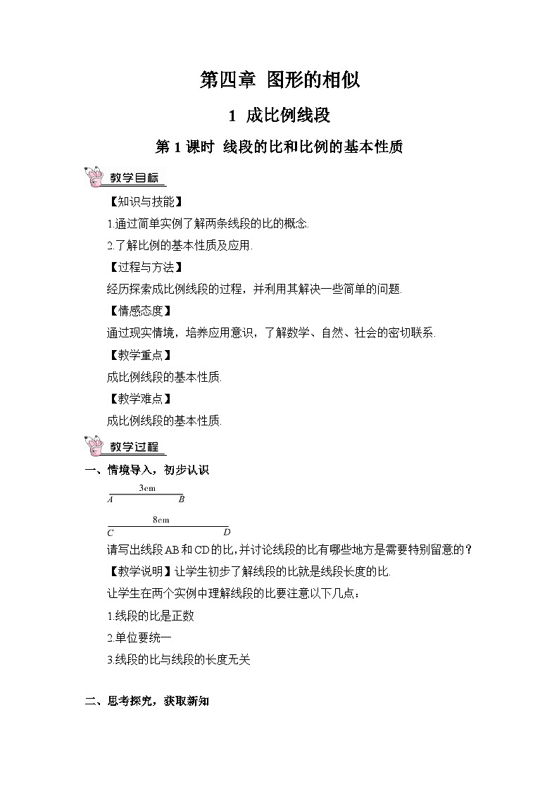 北师大数学九上 1 成比例线段  第1课时 线段的比和比例的基本性质 教案及反思01