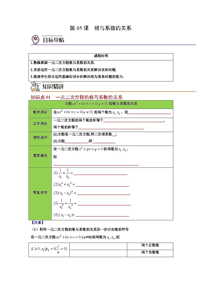 人教版九年级数学上册同步精品讲义及试卷  第05课  根与系数的关系01