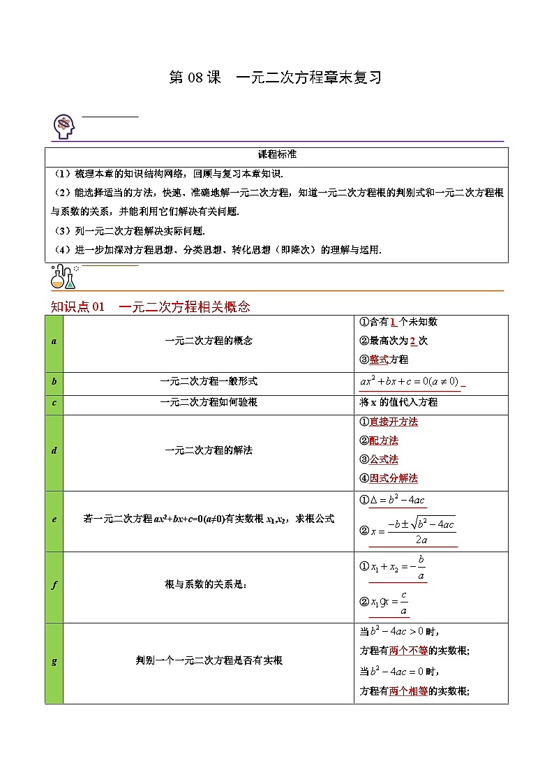人教版九年级数学上册同步精品讲义及试卷  第08课  一元二次方程章末复习01