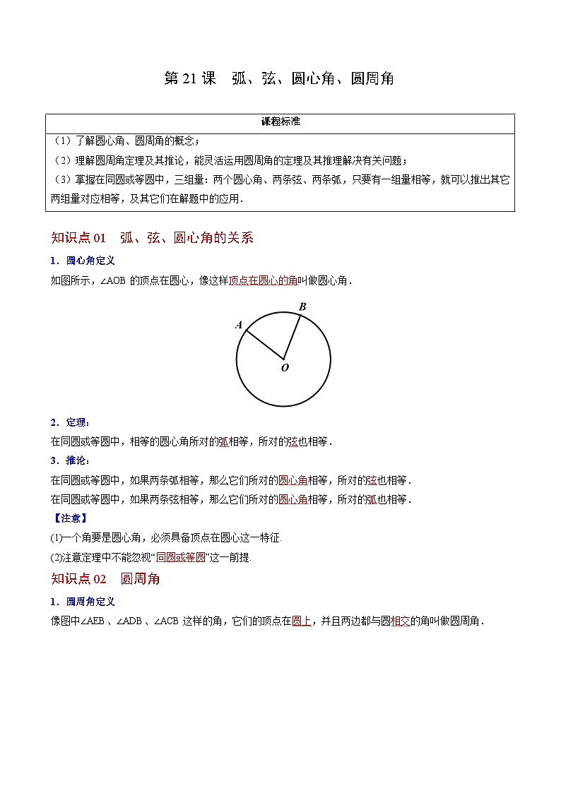 人教版九年级数学上册同步精品讲义及试卷  第21课  弧、弦、圆心角、圆周角01