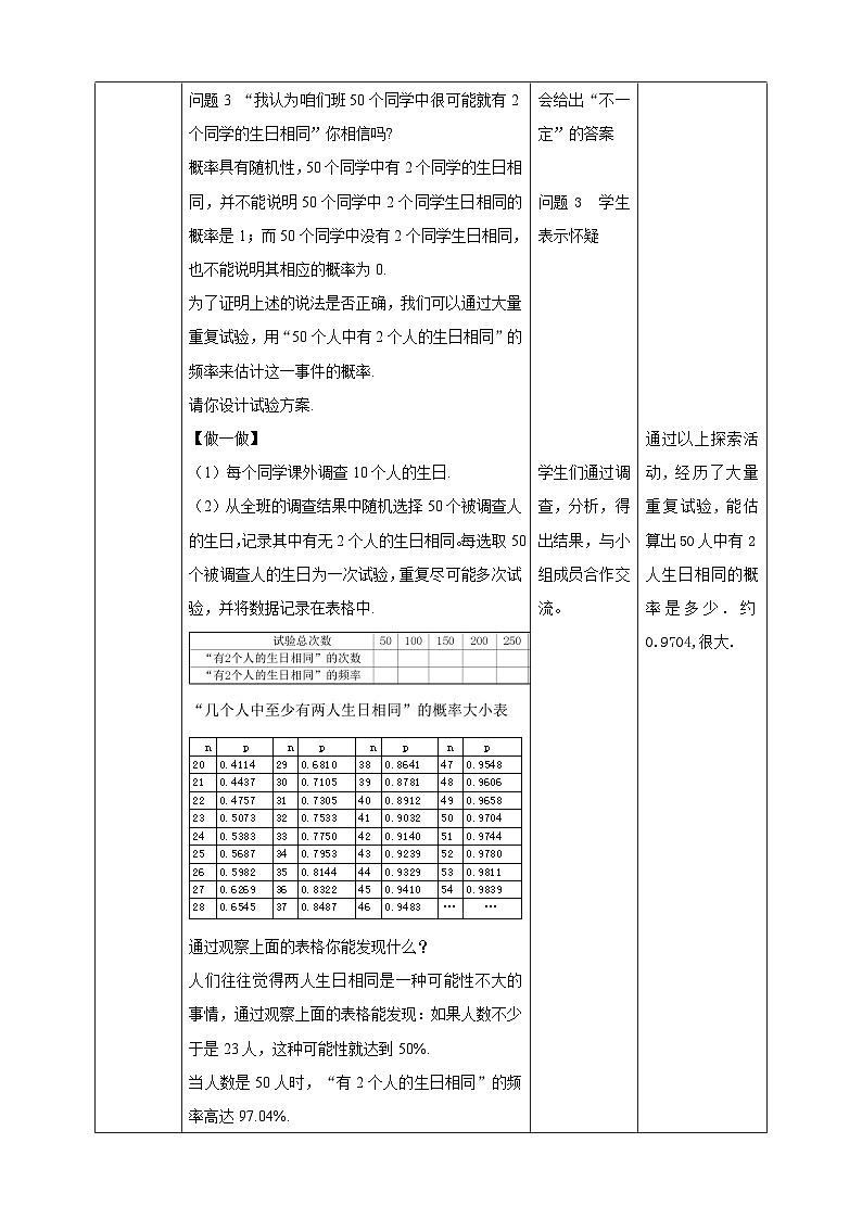 【同步教案】北师大版数学九年级上册-- 3.2 用频率估计概率  教案（表格式）02