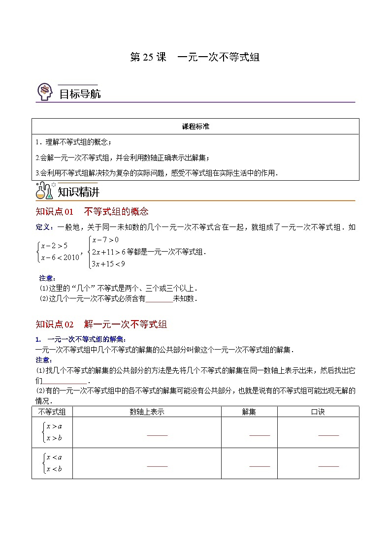 人教版七年级数学下册讲测练 第25课  一元一次不等式组（2份打包，原卷版+教师版）01