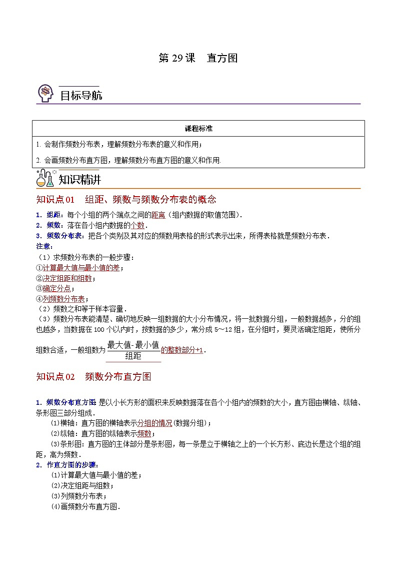 人教版七年级数学下册讲测练 第29课  直方图（2份打包，原卷版+教师版）01