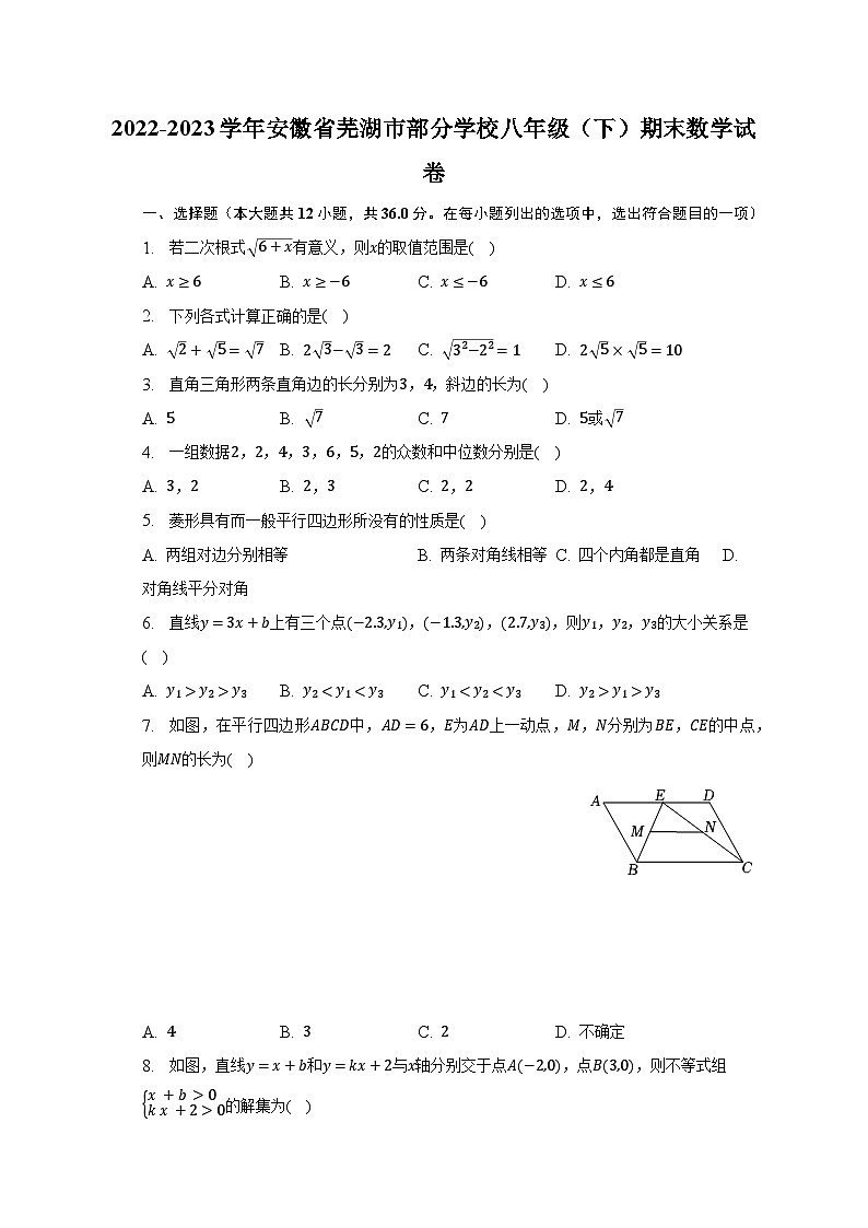 2022-2023学年安徽省芜湖市部分学校八年级（下）期末数学试卷（含解析）第1页