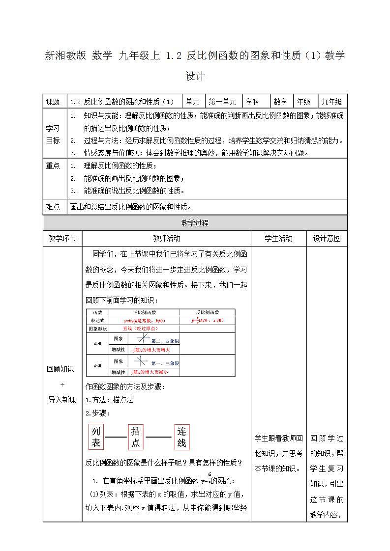 湘教版数学九年级上册  1.2.1 反比例函数y= k÷x（k＞0）的图形与性质(课件+教案+练习）01
