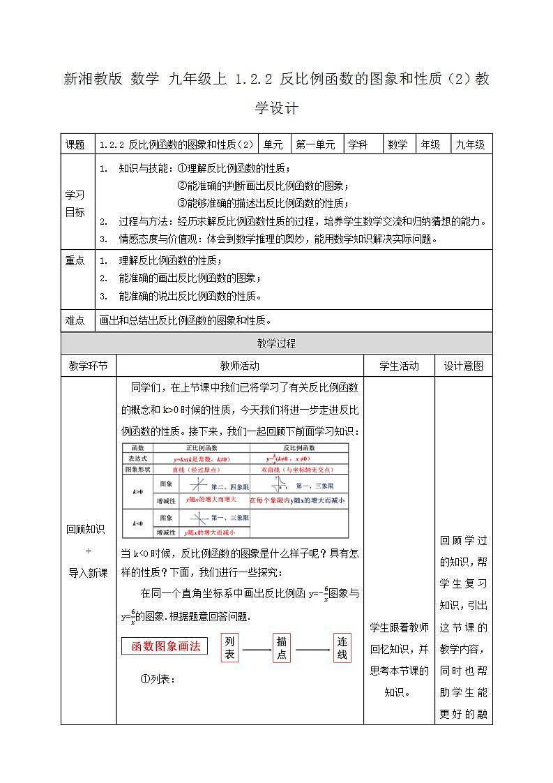 湘教版数学九年级上册 1.2.2 反比例函数y=k÷x（k＜0）的图形与性质-教学设计01