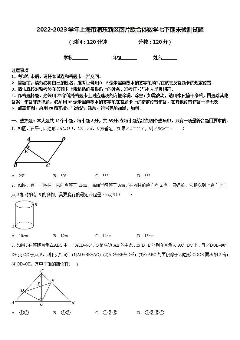 2022-2023学年上海市浦东新区南片联合体数学七下期末检测试题含答案第1页