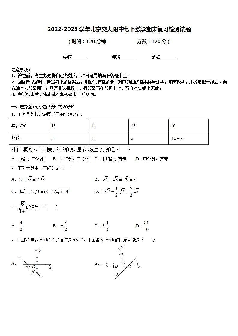 2022-2023学年北京交大附中七下数学期末复习检测试题含答案01