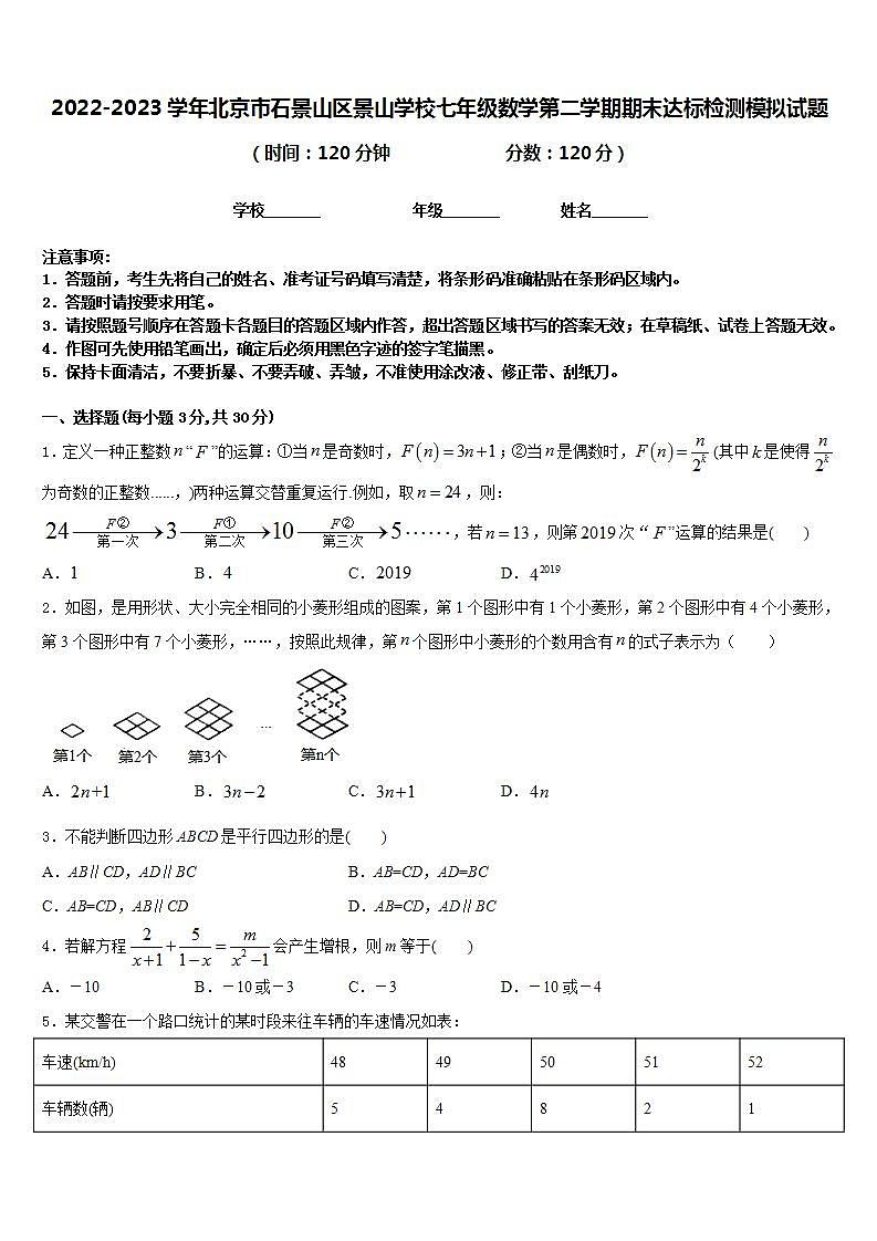 2022-2023学年北京市石景山区景山学校七年级数学第二学期期末达标检测模拟试题含答案01