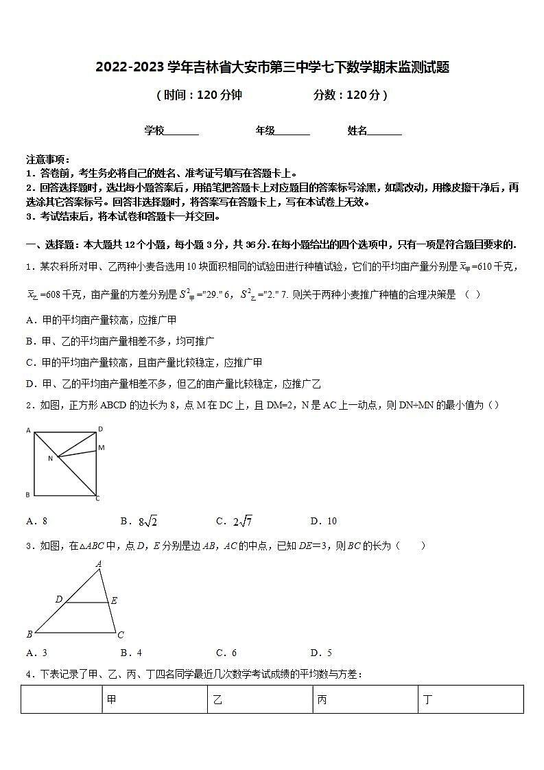2022-2023学年吉林省大安市第三中学七下数学期末监测试题含答案第1页