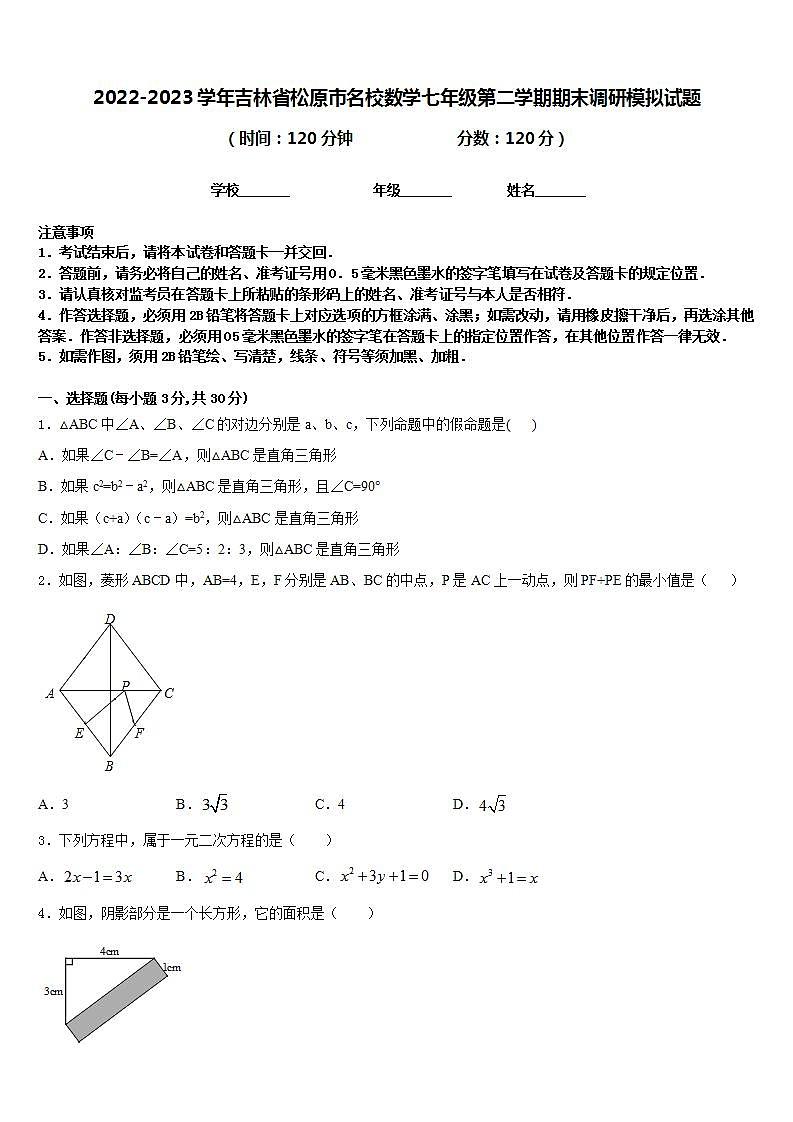 2022-2023学年吉林省松原市名校数学七年级第二学期期末调研模拟试题含答案第1页