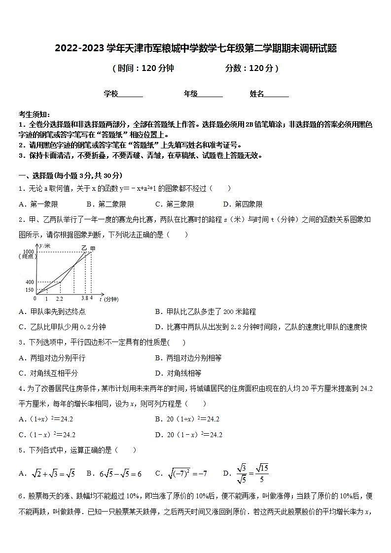 2022-2023学年天津市军粮城中学数学七年级第二学期期末调研试题含答案第1页