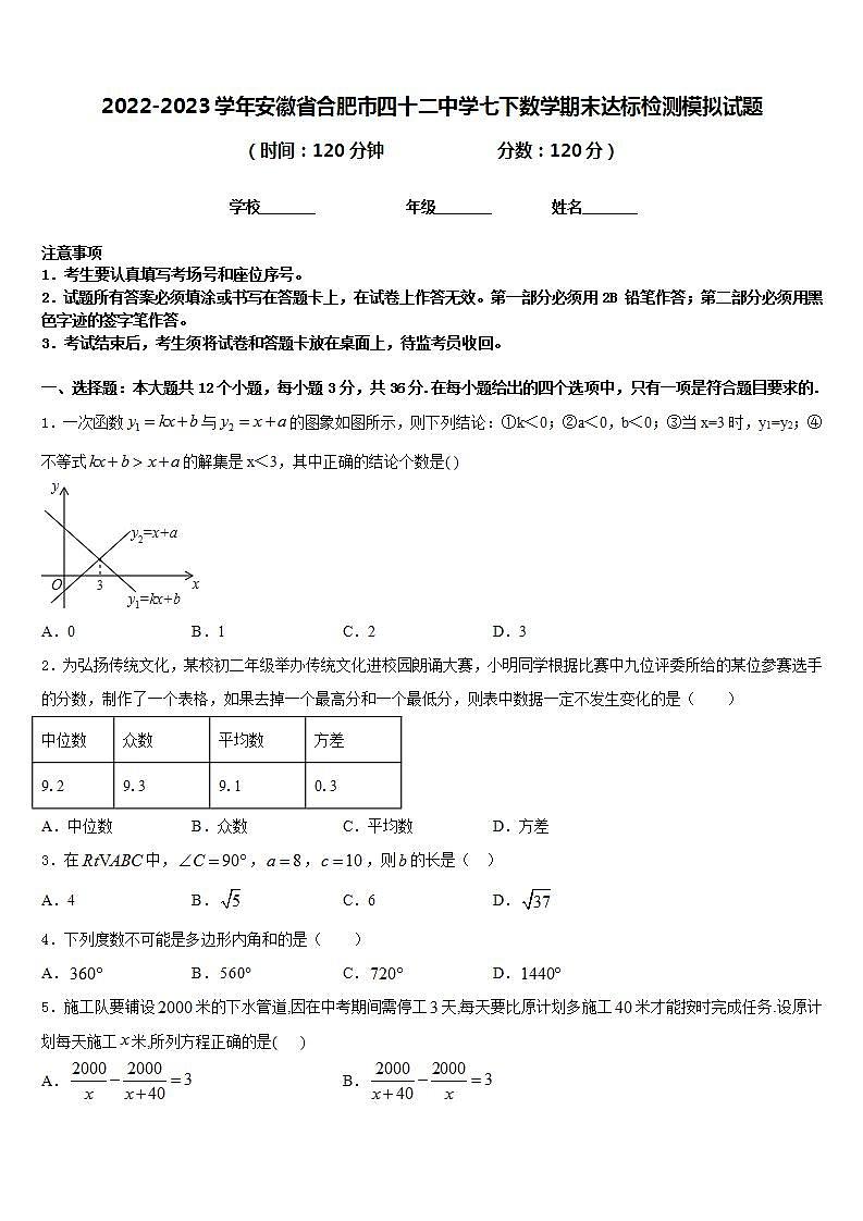 2022-2023学年安徽省合肥市四十二中学七下数学期末达标检测模拟试题含答案第1页