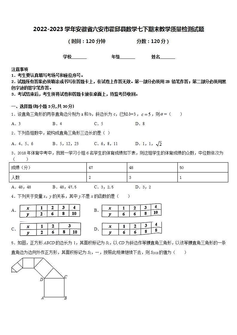 2022-2023学年安徽省六安市霍邱县数学七下期末教学质量检测试题含答案01